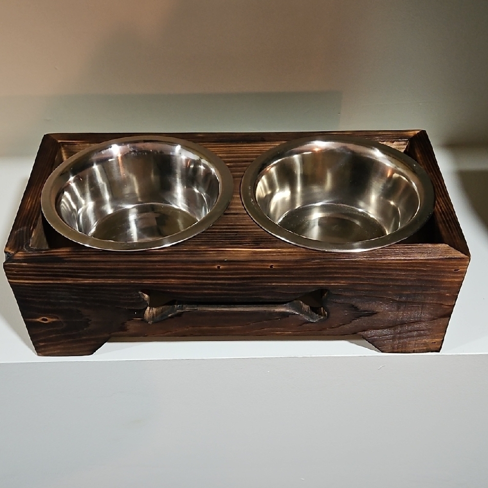 Handmade Wooden Raised Pet Feeder with Stainless Steel Bowls – Burnt Wood Finish - Picture 2 of 4